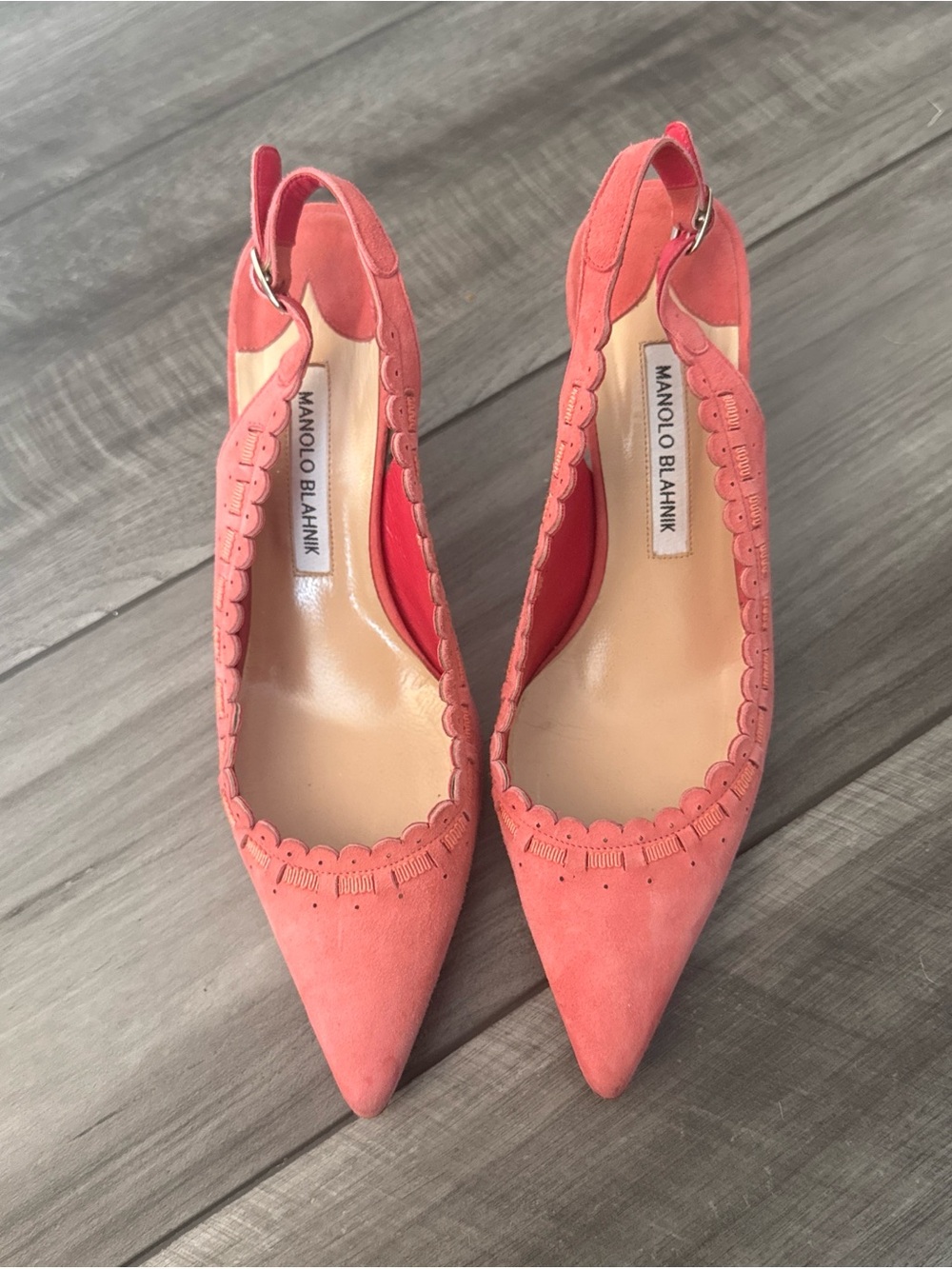 Manolo Blahnik Coral Suede Pointed Slingback Pumps with Scalloped Edge